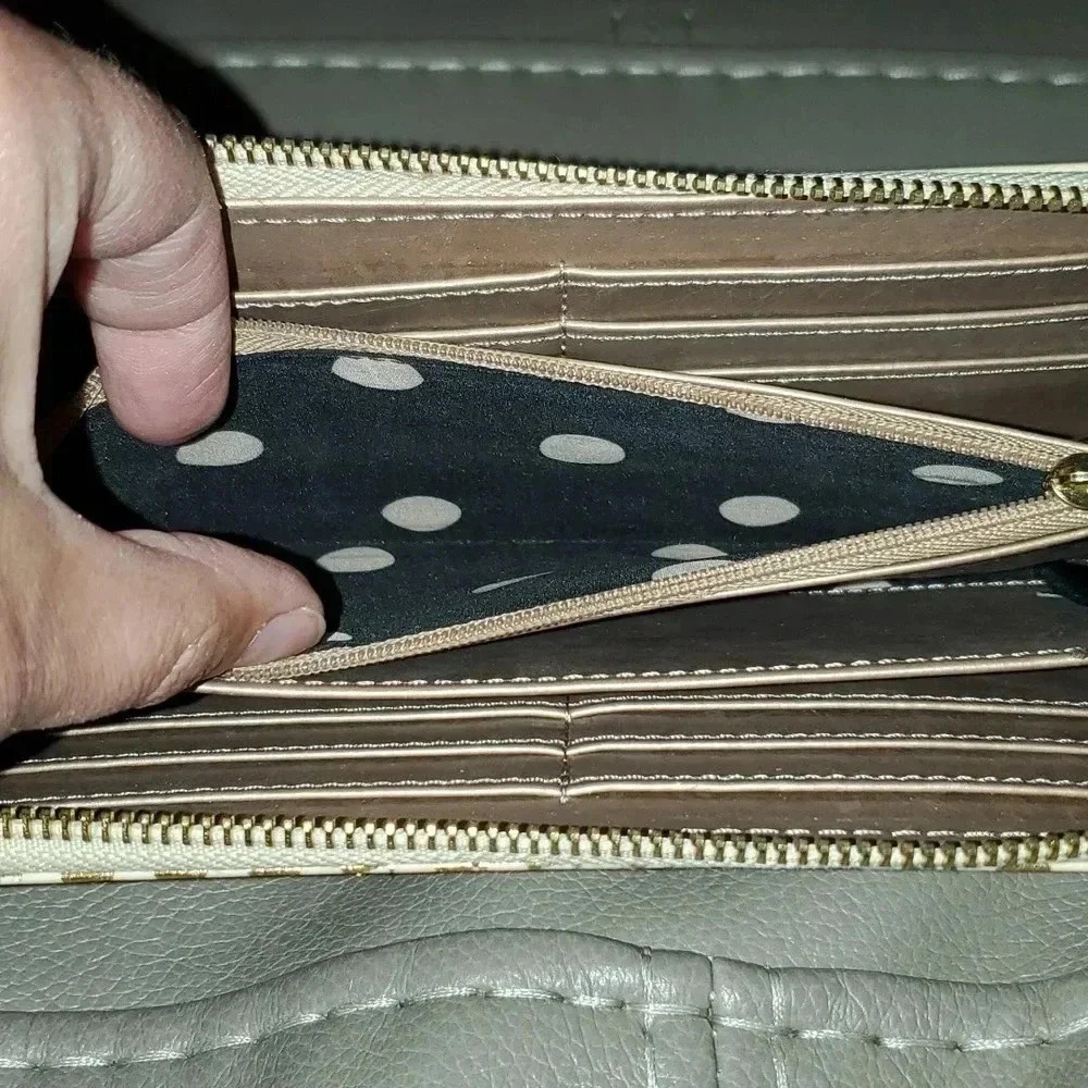 ANNE KLEIN Zip Around Wallet Cream & Gold Patent Polka Dot - Picture 6 of 11